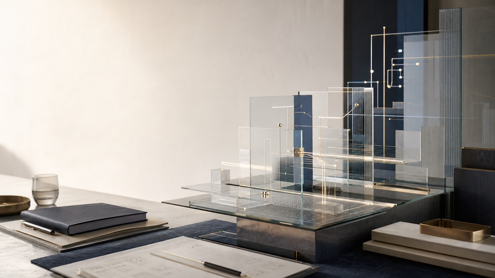 Abstract AI workflow architecture with glass panels, routing paths, and premium consulting materials
