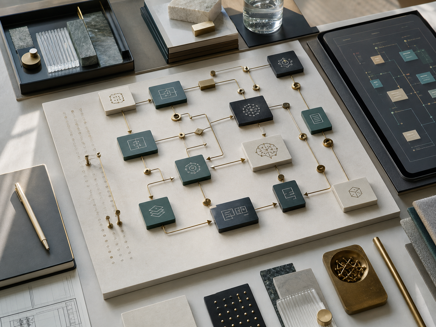 Tactile AI workflow planning table with modular routing cards and implementation materials